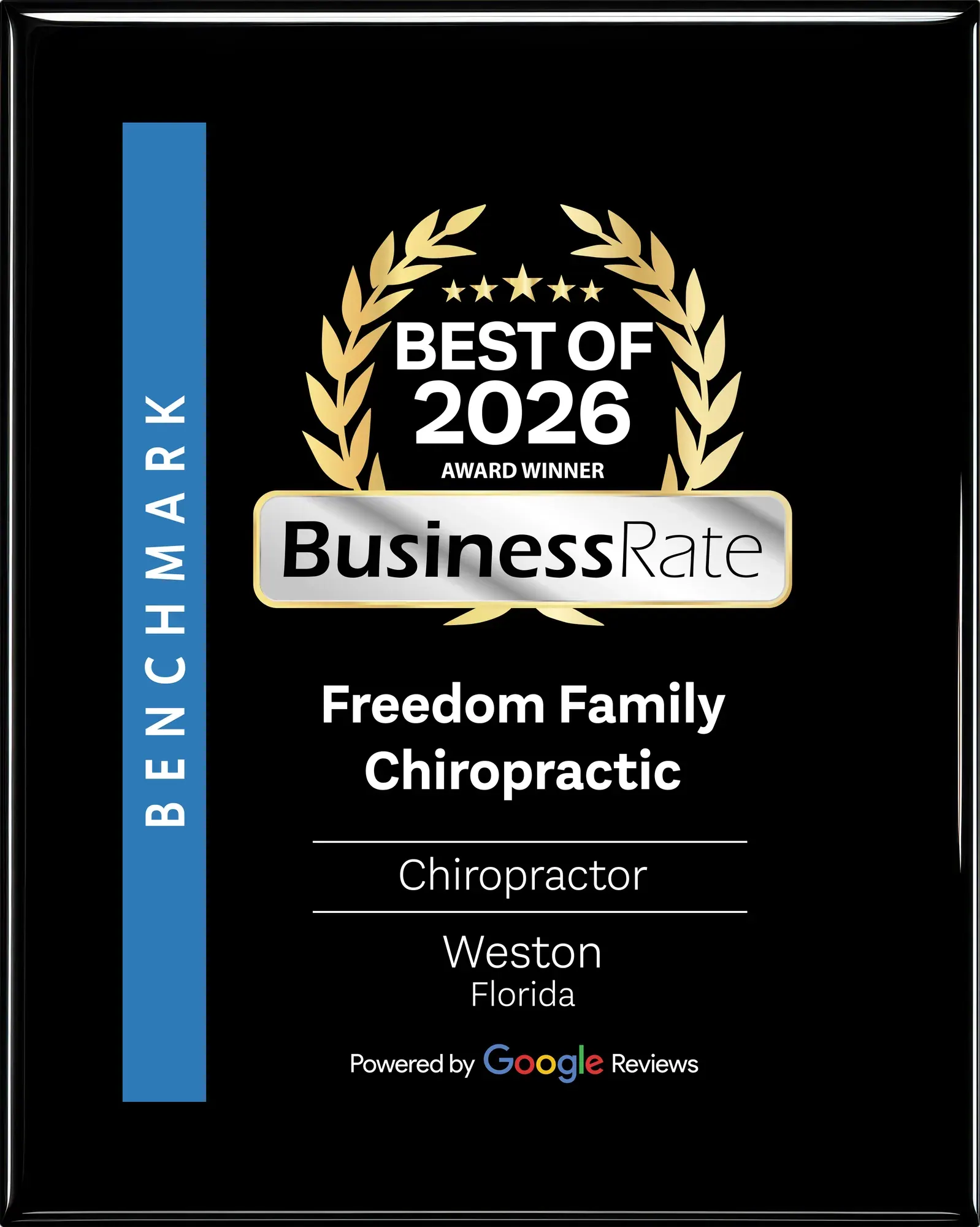 BusinessRate Best of 2026 award plaque for Freedom Family Chiropractic